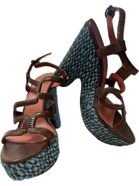 Via Spiga Tobacco Leather Strappy Platform Sandals with Turquoise Woven Heel 9